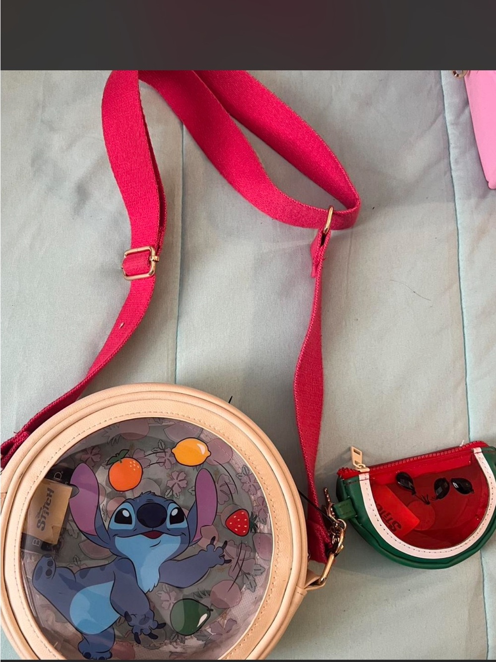 Stitch Clear Round Crossbody Bag with Pink Strap
